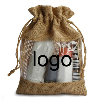 Sac de Noël de cordon de Logo Customized Burlap Favor Bags avec la fenêtre claire
